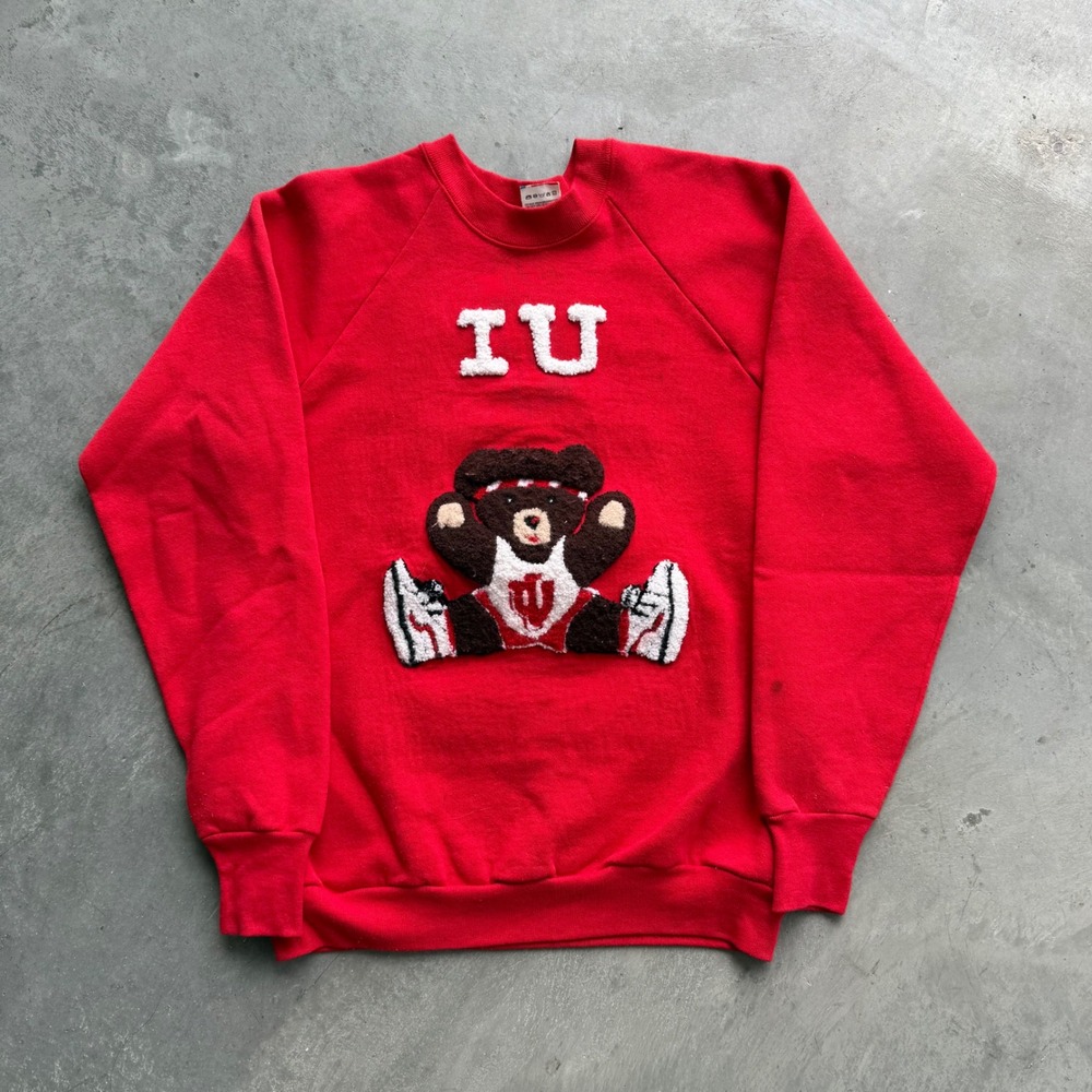Vintage Indiana University Hoosiers Bear Chenille Sweatshirt Red Large USA Made